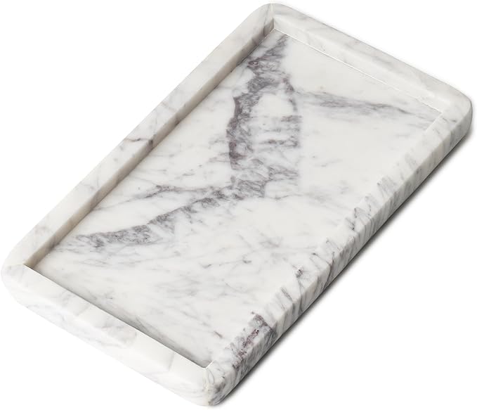 Cork & Mill Marble Tray for Bathroom Countertop, Kitchen Counter, or Catchall - 8 3/4" x 5" Small Rectangular Vanity Tray for Skincare or Perfume - Handcrafted Natural White Marble Stone Organizer