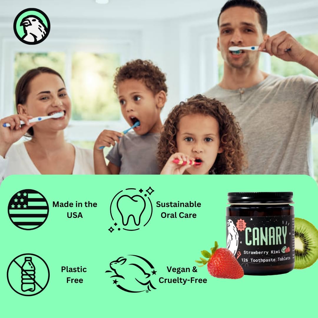 Canary Nano Hydroxyapatite Toothpaste Tablets Strawberry Kiwi - Remineralizing, Fluoride Free, All Natural Tabs with Xylitol - Great for Kids, Plastic Free - 126 Count