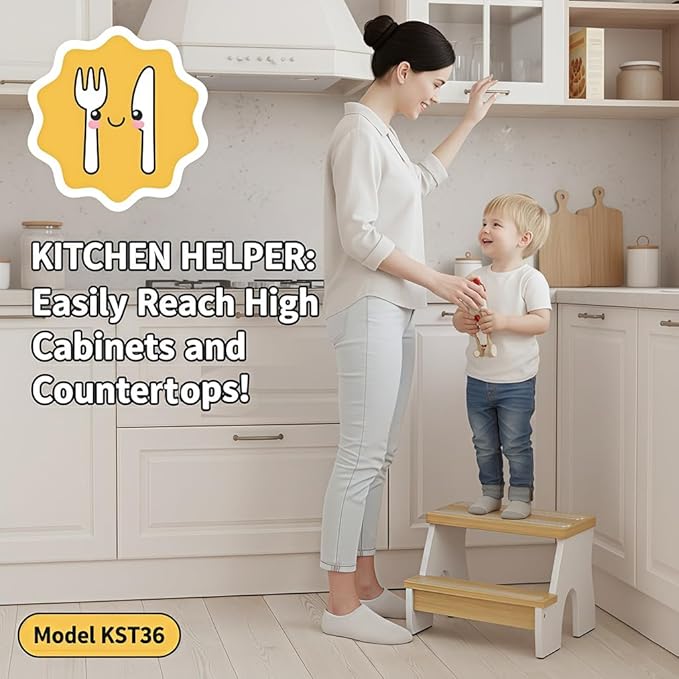 KST36 Wooden Step Stool - 250LBS Load, Non - Slip Water - Resistant Foot Stool for All Ages, Bathroom & Kitchen (White & Natural Wood, Two Step)