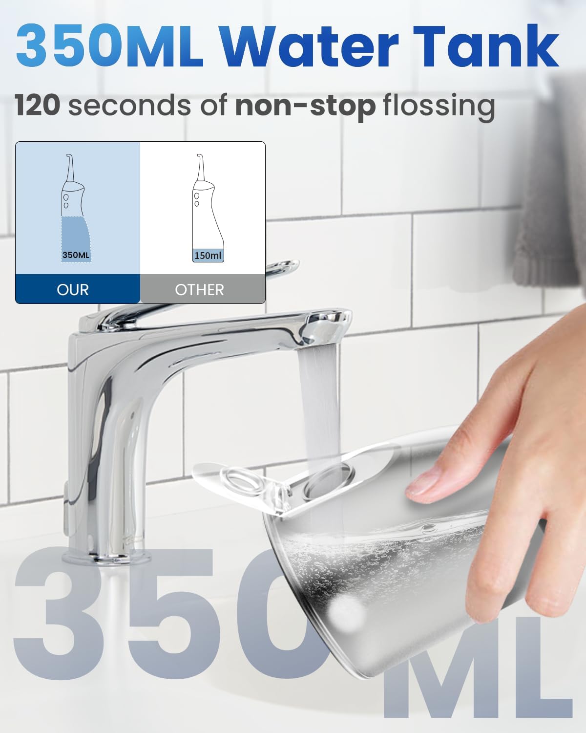 Cordless Water Flosser for Teeth Cleaning Pick, U-Shaped Flossing Head for 360° Deep Clean, 5 Modes & 9 Jet Tips, IPX7 Waterproof, Rechargeable & Portable Oral Irrigator for Travel, 350ML Large Tank