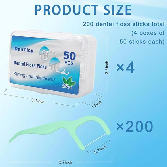 Dental Floss Picks Extra Strong with Easy Grip Handle, Professional Clean Flosser Picks Toothpicks, Fresh Mint, 200 Count, Green