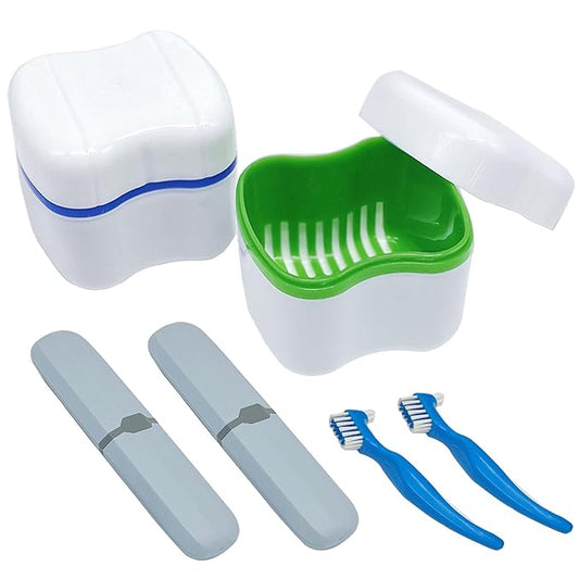 Denture Cup Kit, 2 Denture Case with 2 Denture Toothbrush & 2 Portable Toothbrush Box, Denture Cups for Soaking Dentures, Denture Cleaning Kit for Travel