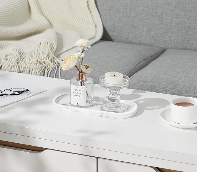 Luxspire Bathroom Vanity Tray Countertop, 10" Marble Tray for Kitchen Counter, Resin Oval Tray for Soap Dispenser and Toilet Tank, Decorative Trays for Perfume, Jewelry, Small, Faux Marble White