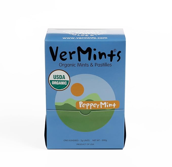VerMints Organic Breath Mints PepperMint Candy Mints - Real Ingredients, Lasting Refresh - Travel Size Candies - Non-GMO, Vegan, Nut Free, Gluten Free & Kosher Peppermints - 100 Packets
