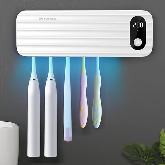 Sanitizeri Toothbrush Cleaner with 5 Slots, Smart Sanitizeri Toothbrush Holder Organizer, Cordless No Drilling Wall Mounted Rechargeable Holders for Bathroom Family, 200/400s Timer Function
