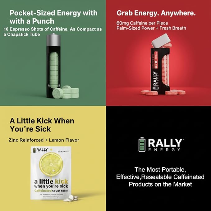 Caffeine Mints by Rally, 60milligram Caffeine, Instant Energy, Fresh Breath Caffeinated Mints, 0 Sugar, Natural Peppermint Flavor (2 Packs, 20 Mints)