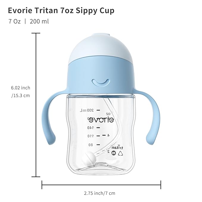Evorie Tritan Weighted Straw Sippy Cup with Handles for Baby and Toddlers, Spill Proof Baby Water Bottle with Straw for 6 months and up, 7 Oz, Infant Training Water Bottle (Blue)