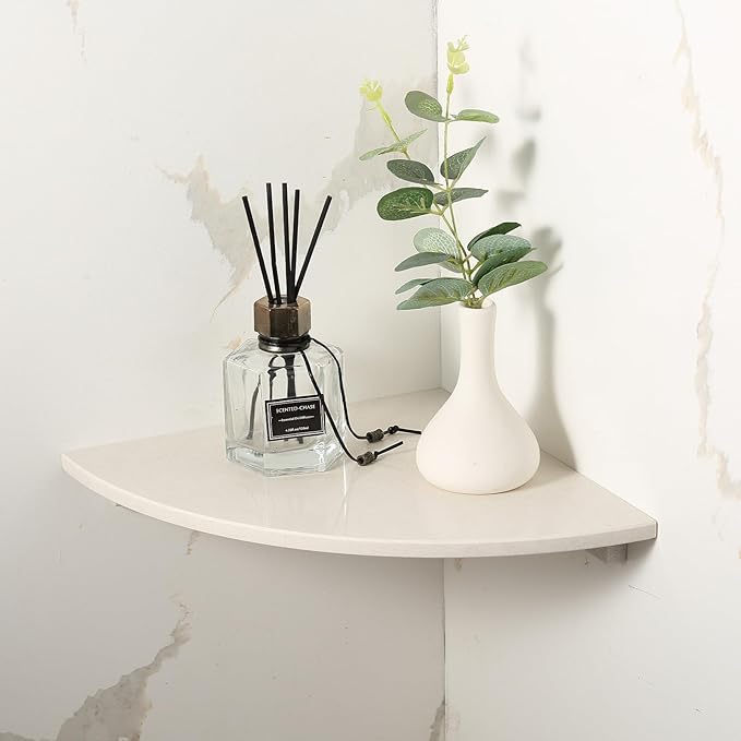 Koville Beige Natural Marble Corner Shower Shelf for Bathroom, 10'' Polished Marble Corner Shelves for Bath, Wall Mounted Stone Corner Shower Caddy, No Drilling Adhesive Shower Shelf - Rigel Yellow