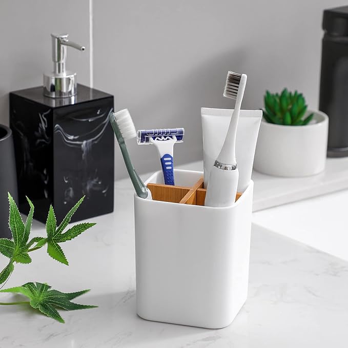 Bamboo Toothbrush Holder for Bathrooms, 4 Slots Toothbrush and Toothpaste Holder Bathroom Counter Organizer for Electric Toothbrushes, Floss, Razors - White