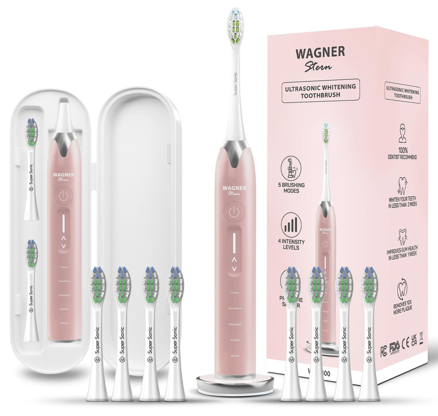 Wagner Stern Ultrasonic whitening Toothbrush with Pressure Sensor. 5 Brushing Modes and 4 Levels of Intensity, 8 Soft bristles, Travel case.