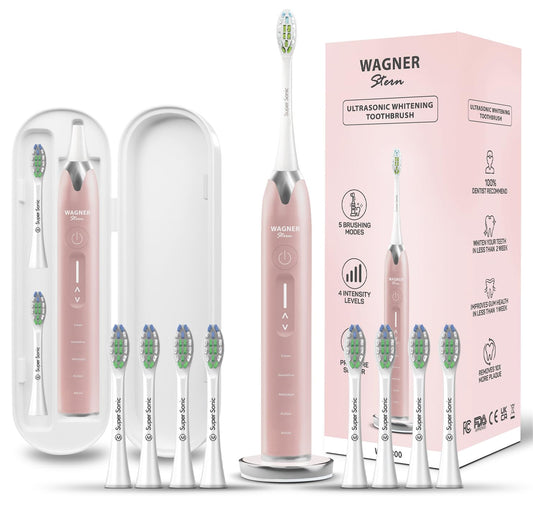 Wagner Stern Ultrasonic whitening Toothbrush with Pressure Sensor. 5 Brushing Modes and 4 Levels of Intensity, 8 Soft bristles, Travel case.