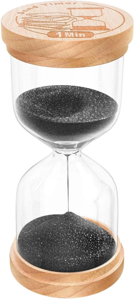 1 Minute Sand Timer, Wooden Hourglass Sand Clock, Small Beech Wood Black 1 Min Hour Glass, One Minutes Sandglass for Brushing Teeth, Reloj De Arena, Classroom, Game, Kitchen, Home, Office