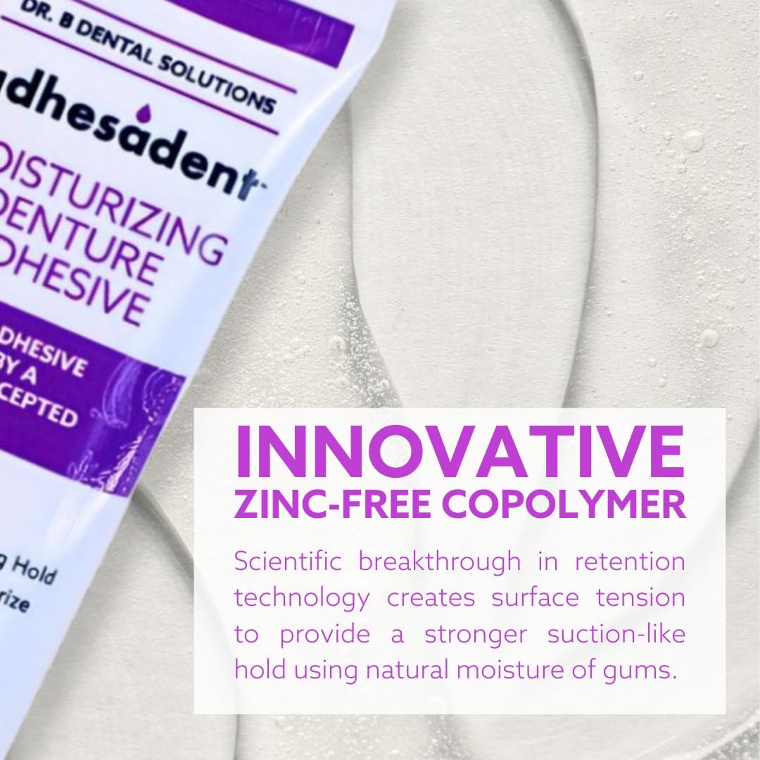 Dr. B Dental Solutions Adhesadent Moisturizing Denture Adhesive - Secure Denture Glue with Strong Grip & Natural Taste - Zinc-Free Dental Adhesive for Dentures, Overdentures - 2.4 oz (2 Pack)