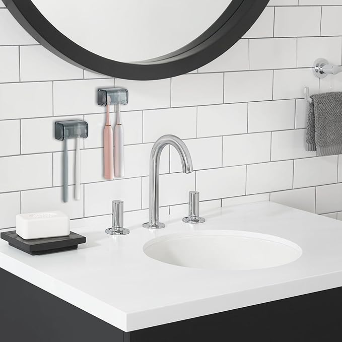 2 PCS Wall-Mounted Toothbrush Holder with Cover, 2-Slot Organizer for Bathroom, Shower, Dorm, Cabinet (Clear)