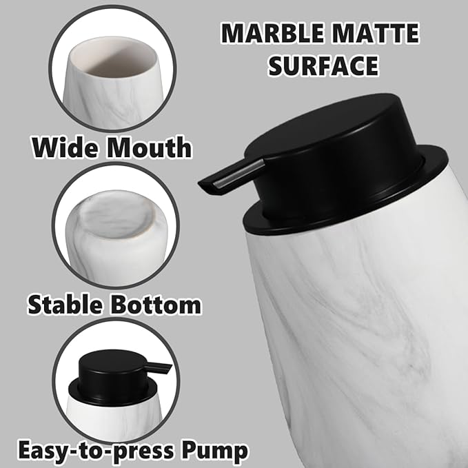 12Oz Ceramic Liquid Soap Dispenser - Modern Lotion Hand Soap Dispenser with Easy-to-Press Black Pump, Reusable and Refillable Dish Soap Dispensers for Bathroom & Kitchen, Marble White