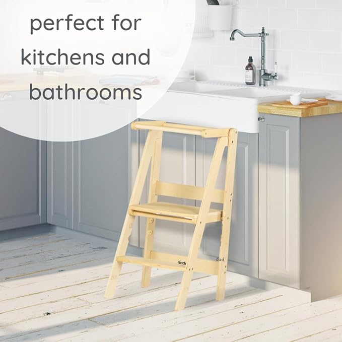 dadada Baby Foldable Montessori Tower - Adjustable Kitchen Step Stool for Kids with Safety Rail, Non-Toxic Finish, Great for Small Space Living (Natural)
