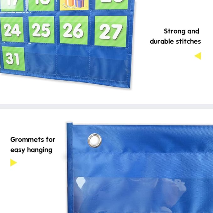 EAMAY Classroom Monthly Calendar Pocket Chart with 71 Cards for Kids Learning for Home,Blue