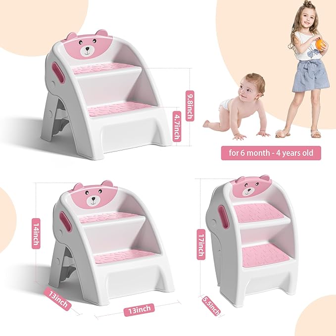 Folding Kids Step Stool for Bathroom and Potty Training,Anti-Slip, Anti-Tip A-Frame Design with 10-Second Setup-Potty 2 Step Stool for Toddlers