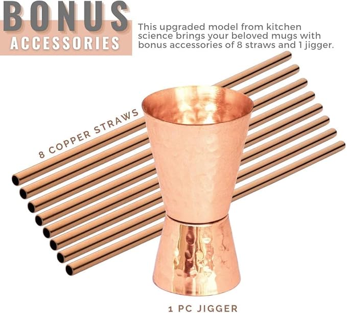 [Gift Set] Moscow Mule Copper Mugs Set of 24 (16oz) w/Straws & Jigger | 100% Pure Copper Cups, Tarnish-Resistant Food Grade Lacquered Finish, Ergonomic Handle (No Rivet) w/Solid Grip