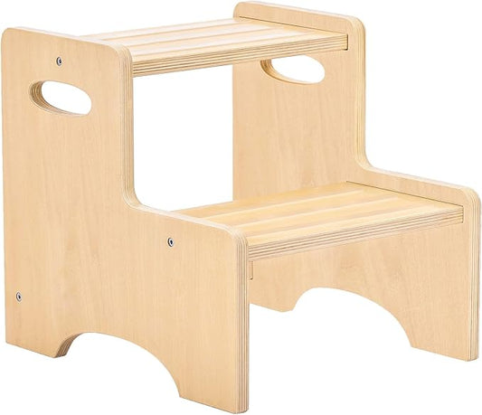 Wooden Toddler Step Stool for Kids, Two Step Stool with Non-Slip Pads & Handles, Potty Training Stool for Bathroom Sink, Toilet, Kitchen, Bedroom (Natural)