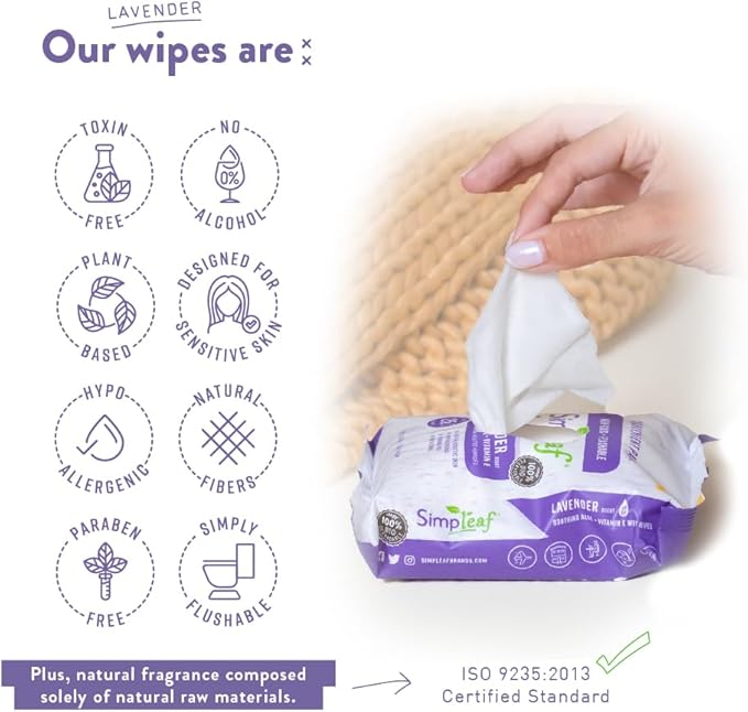 Simpleaf Flushable Wet Wipes Lavender| Eco-Friendly, Paraben & Alcohol Free | Hypoallergenic & Safe for Sensitive Skin | Soothing Aloe Formula | (24 x 25 Counts Convenient Pack) 600 Counts Total
