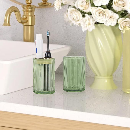 Toothbrush Holders for Bathrooms, 2pcs Glass Toothbrush Holder, 12oz Bathroom Tumbler and Mouthwash Cup, Tooth Brush and Toothpaste Organizer for Bathroom Vanity Countertop (Green Gold)