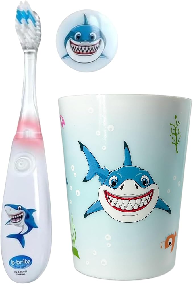 Lily's Home Kids Flashing Timer Toothbrush kids with Soft Bristles, Rising Cup & Cover - Fun 2-Min Light-Up Brushing for Children - Toddler Soft Toothbrush Kit (shark)