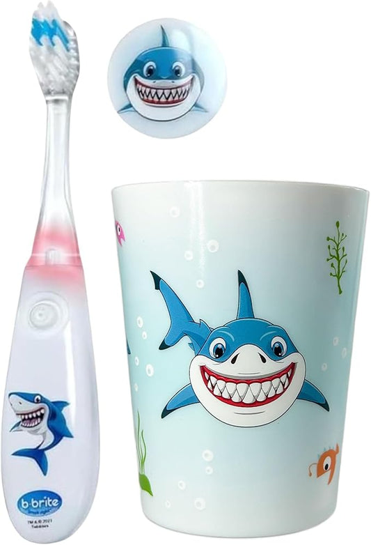 Lily's Home Kids Flashing Timer Toothbrush kids with Soft Bristles, Rising Cup & Cover - Fun 2-Min Light-Up Brushing for Children - Toddler Soft Toothbrush Kit (shark)