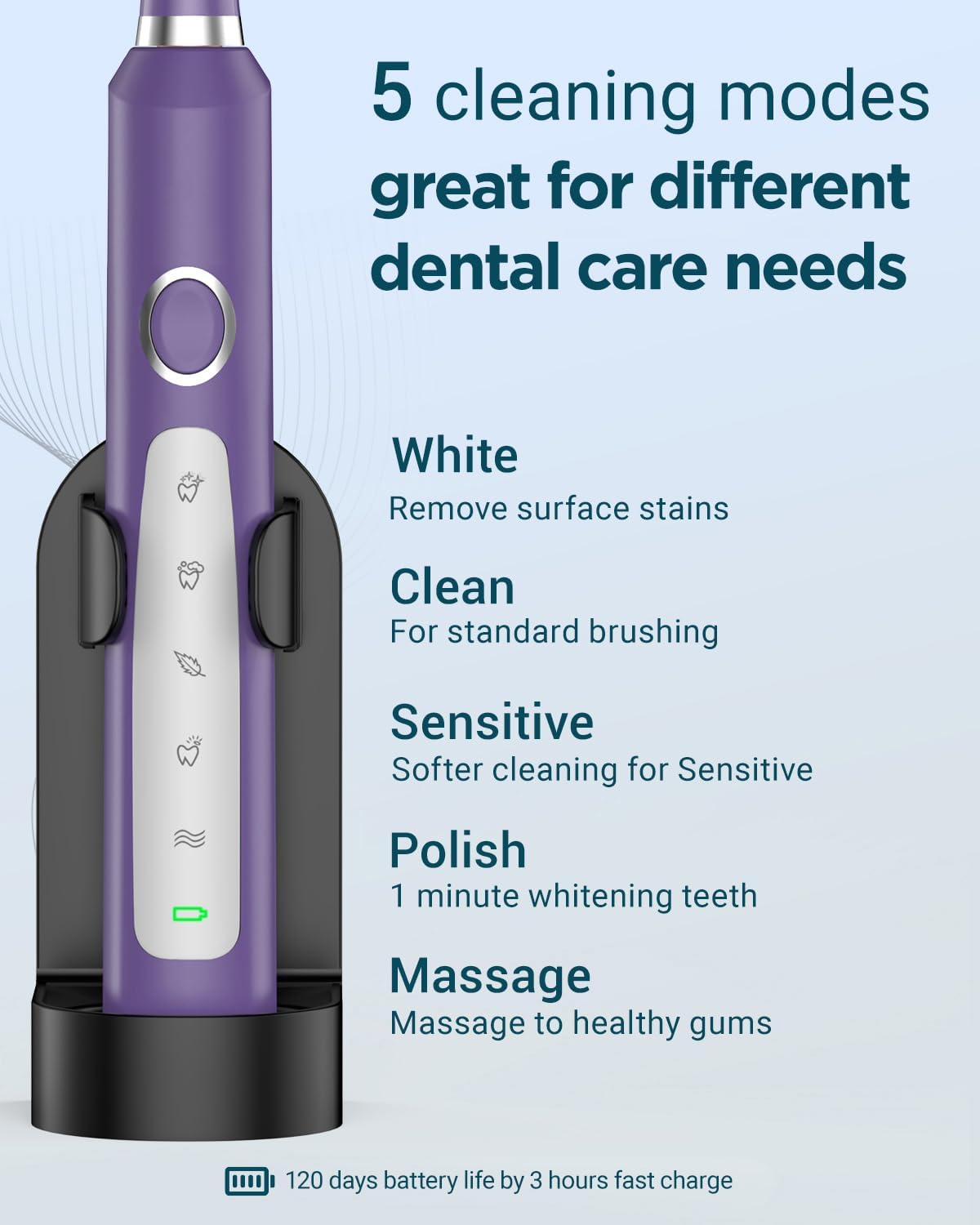 Rtauys M5 Sonic Electric Toothbrush for Adults and Kids - Rechargeable Electric Toothbrush Kids Ages 12+ and Adults with 8 Brush Heads & Travel Case, 120 Days Battery Life - Purple