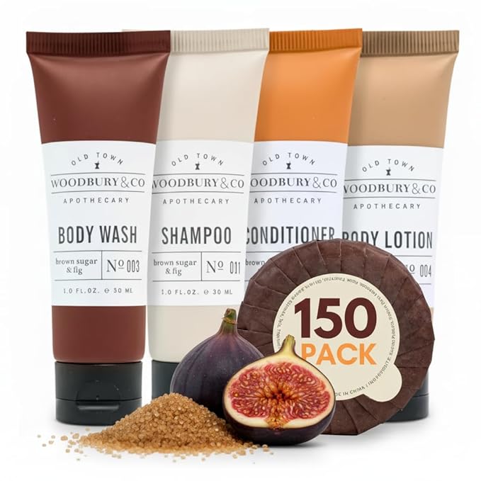 WOODBURY & CO Travel Size Shampoo and Conditioner Supplies For Guests,Airbnb Essentials for Hosts,Mini Shampoo And Conditioner Sets,Hotel Toiletries,Air Bnb Kit For Bathroom Body Wash Lotion,(150 Pcs)