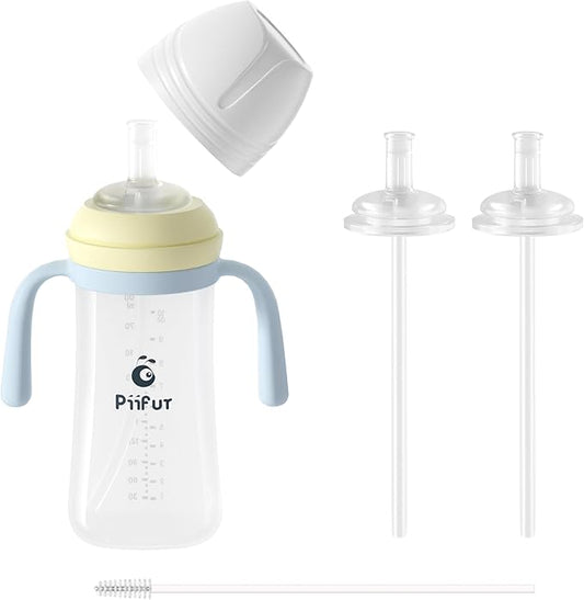 Piifur Sippy Cups for Toddlers 1-3 No Spill with 2 Straw Replacement Sets Water Bottle with Handle 10 Ounce Blue