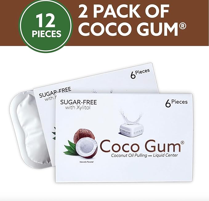 CocoGum – Coconut Oil Pulling Chewing Gum with MCT Oil Liquid Center – Naturally Whitens, Freshens Breath & Protects Teeth – 2 Pack (12 Pieces)