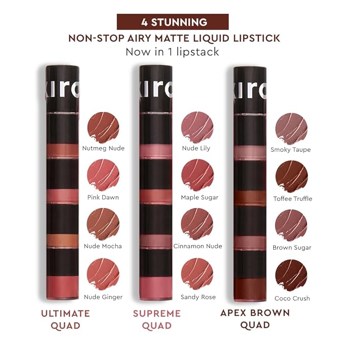 KIRO Four Play Non-Stop Airy Matte Liquid Lip Stack | Apex Brown | 4 Brown Lipstick Shades | Long-Lasting, Transfer-Proof & Hydrating | Lightweight & Infused with Avocado & Apricot Oils | 6ml