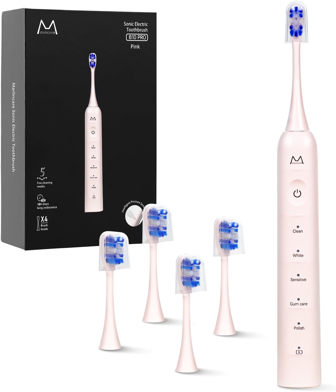 Electric Toothbrush, Marlincare Electric Toothbrush for Adults 180 Days Battery Life Rechargeable with 5 Modes, 48000VPM Motor Smart Timer IPX8, Sonic Toothbrush with 4 Brush Heads & Travel Case, Pink
