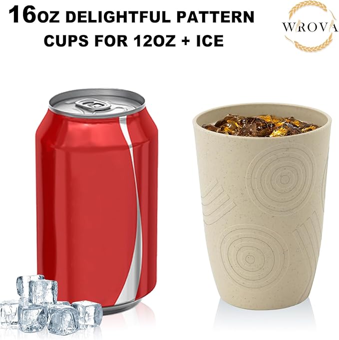 Wrova Wheat Straw Water Cups 16oz with Etched Pattern - Alternative Plastic Drinking Glasses Set of 6 - Unbreakable Tumbler Cups for Kids - Beige