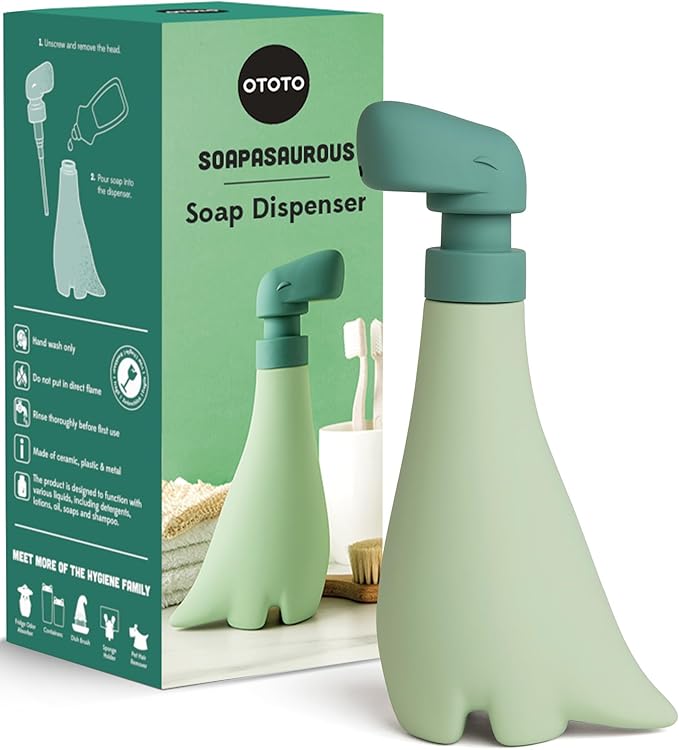 OTOTO New Soapasaurous Dino Hand Soap Dispenser - Cute Bathroom Accessories, Liquid Dish Soap Dispenser, Dinosaur, Cute Kitchen Accessories, Gifts for Kids