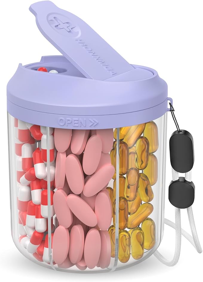 Pill Dispenser with 7 Large Compartments, Pill Organizer for Travel, Supplement Organizer with Anti-Mixing Design, BPA-Free Pill Container with 20 Pcs Labels, Purple
