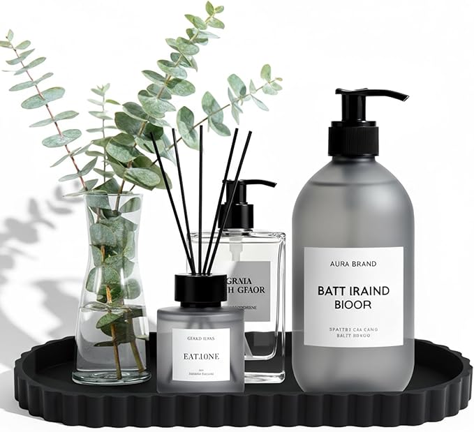 Silicone Bathroom Tray-12 Inch Oval Vanity Tray Countertop Organizer,Decorative Soap & Cosmetic Holder Modern Bathroom Decor,Decorative Tray for Candle, Perfume, Plants (Black, 2PCS)