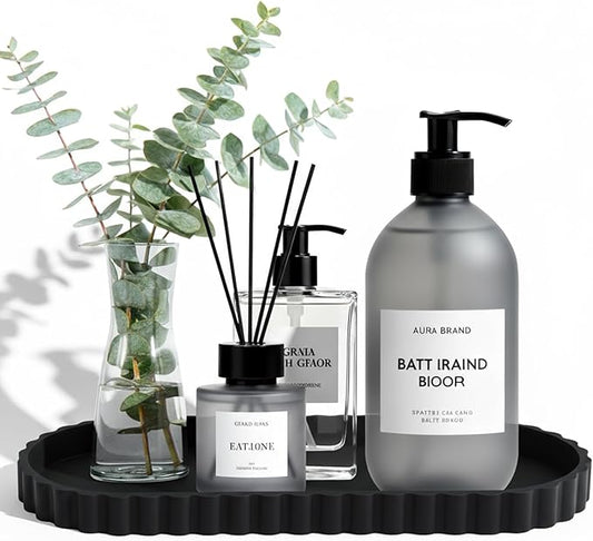 Silicone Bathroom Tray-12 Inch Oval Vanity Tray Countertop Organizer,Decorative Soap & Cosmetic Holder Modern Bathroom Decor,Decorative Tray for Candle, Perfume, Plants (Black, 2PCS)