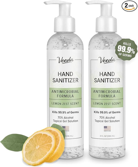 Veeda Scented Hand Sanitizer with Lemon Zest Scent - Moisturizing Clear Gel with Vitamin E & Antimicrobial Formula- Contains 70% Ethyl Alcohol - Hand Sanitizer Travel Size, Made in USA (2 x 8 oz. fl)