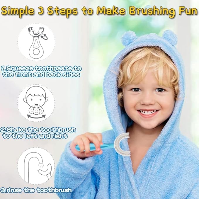 YOTEE U-Shaped Toothbrush Kids 2 PCS - Toddler Toothbrush with Food Grade Soft Silicone Brush Head, Manual Whole Mouth Tooth Brush for Kids Age 2-6(Blue+Pink)