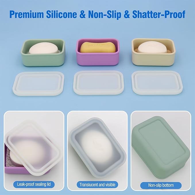 Enhanced Leak Proof Soap Box, Compact Silicone Soap Dish with Drainage Pad, Shampoo Bar Case for Travel, Camping, Gym and Dormitory (Black)