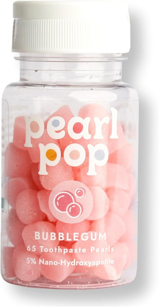 Toothpaste Pearls, Chewy Fluoride Free Toothpaste for Kids & Adults, Stocking Stuffer, Mess-Free Travel Tooth Paste Alternative Made with Nano-Hydroxyapatite & Xylitol, Bubble Gum, 65ct