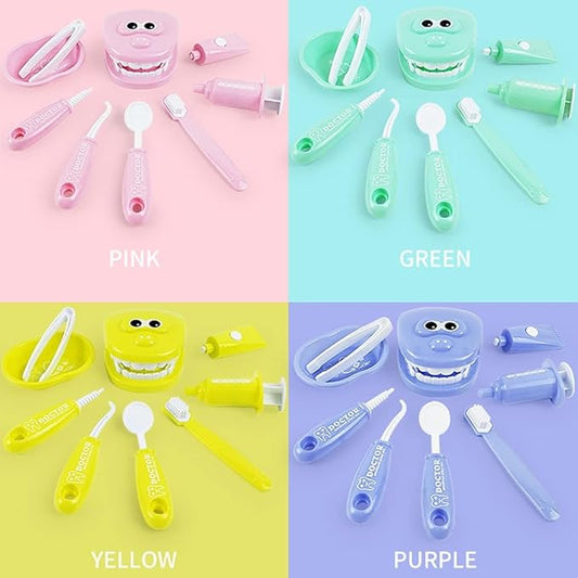 9PCS Plastic Simulation Dentist Play Set Medical Kit Pretend Toy for Kids Hygienic Habbit Cultivation Role Play Game for Children 6 Colors (Purple/Pink/Yellow/Green) Simple OPP Bag Packaging (Purple)