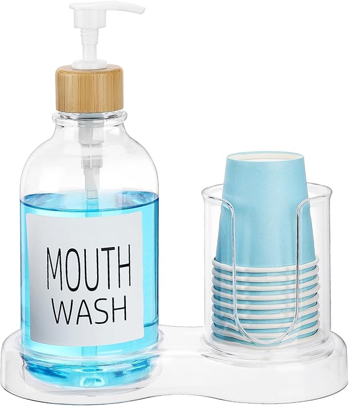 Mouthwash Dispenser for Bathroom, 16oz Plastic Mouthwash Dispenser with Cup Holder and Tray Mouth Wash Bottle Container - Clear