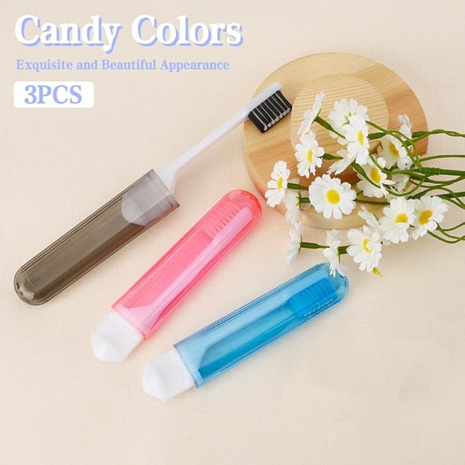 Travel Toothbrush 3Pcs Travel Toothbrush Set Mini Toothbrushes Soft Portable Toothbrushes Travels with Tooth Brush Cover Small Folding Toothbrush Individually Wrapped for Travels Black Blue Pink