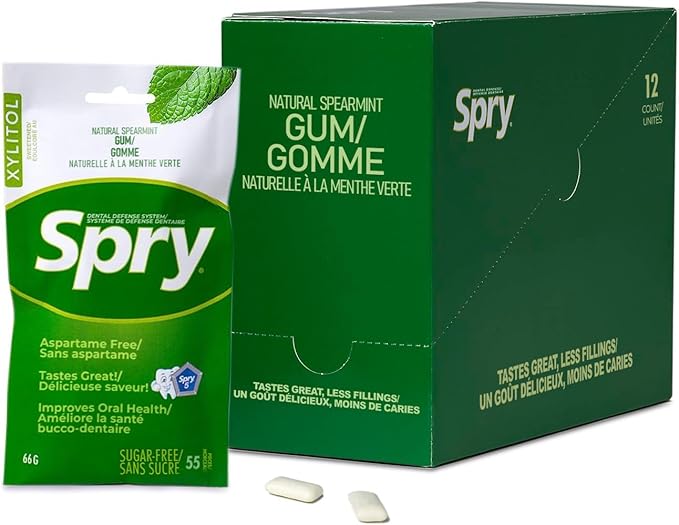 Spry On The Go Fresh Natural Xylitol Chewing Gum Dental Defense System - Aspartame-Free, Sugar-Free, Non-GMO (Spearmint, 55 Count - Pack of 12)