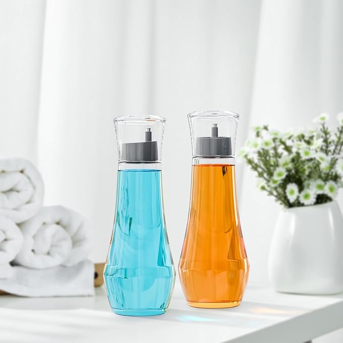 VITVITI Glass Mouthwash Dispenser for Bathroom, 8.8OZ Mouth Wash Container Bottle with Lid Cup, Small Clear Refillable Mouthwash Dispenser Decanter for Countertop, Set of 2, Gray