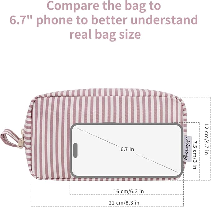 Narwey Cute Makeup Bag Small Toiletry Bag Travel Cosmetic Bag Organizer Make Up Bags with Organized Pockets for Women (Dusty Rose Stripe, Large)