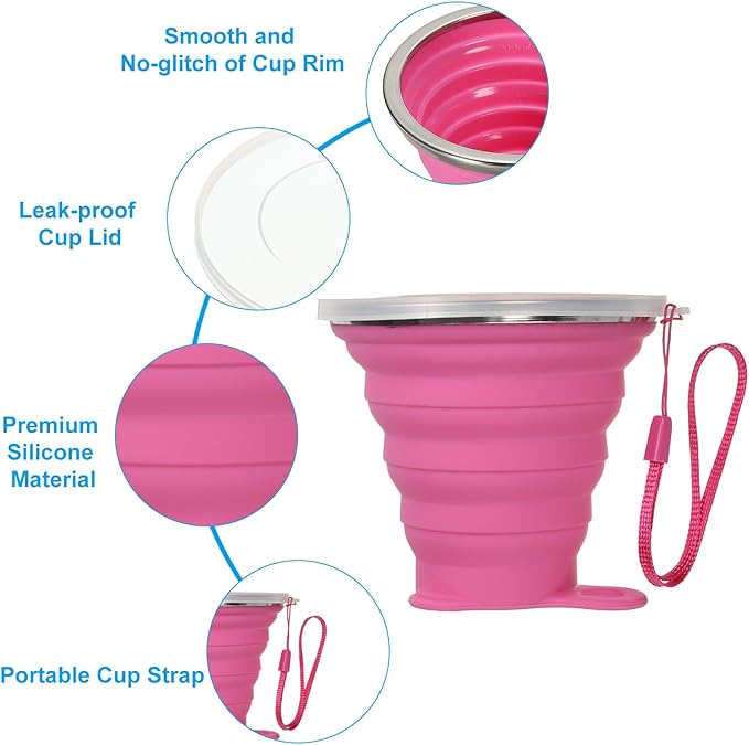 PATIKIL Collapsible Travel Cup, 2 Pack 270mL Travel Folding Cup with Lid Silicone Portable Drinking Cup for Traveling Camping, Rose Red